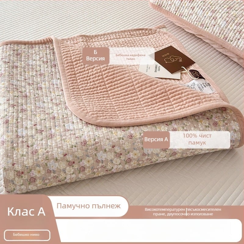 Двупосочно квилтирано покривало за легло, три части — едната страна памук, другата кадифе; плат 40s, реактивно боядисване, квилтово шиене, пране при висока температура