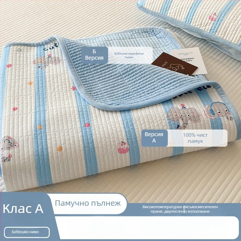 Двупосочно квилтирано покривало за легло, три части — едната страна памук, другата кадифе; плат 40s, реактивно боядисване, квилтово шиене, пране при висока температура