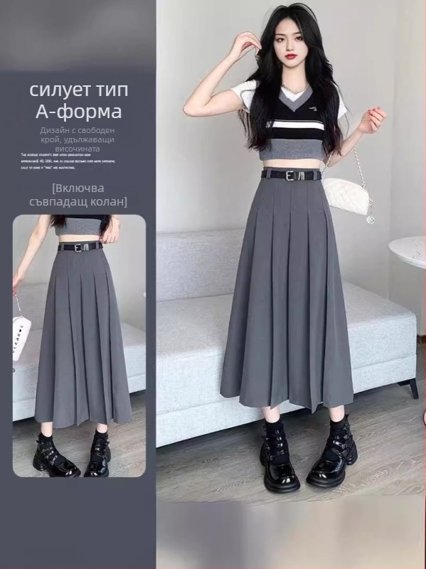 Плисирана дълга пола от TR плат, висока талия, А-линия, 90–95% полиестер.