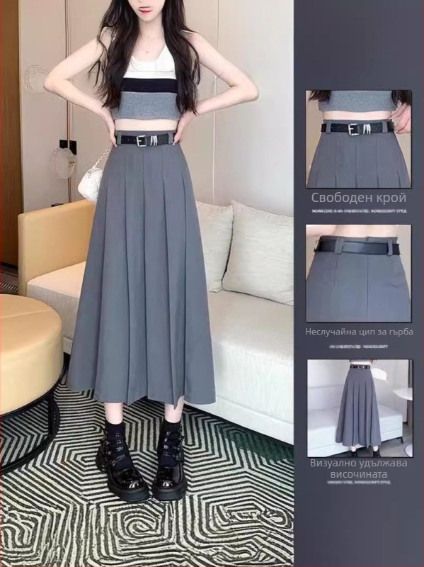 Плисирана дълга пола от TR плат, висока талия, А-линия, 90–95% полиестер.