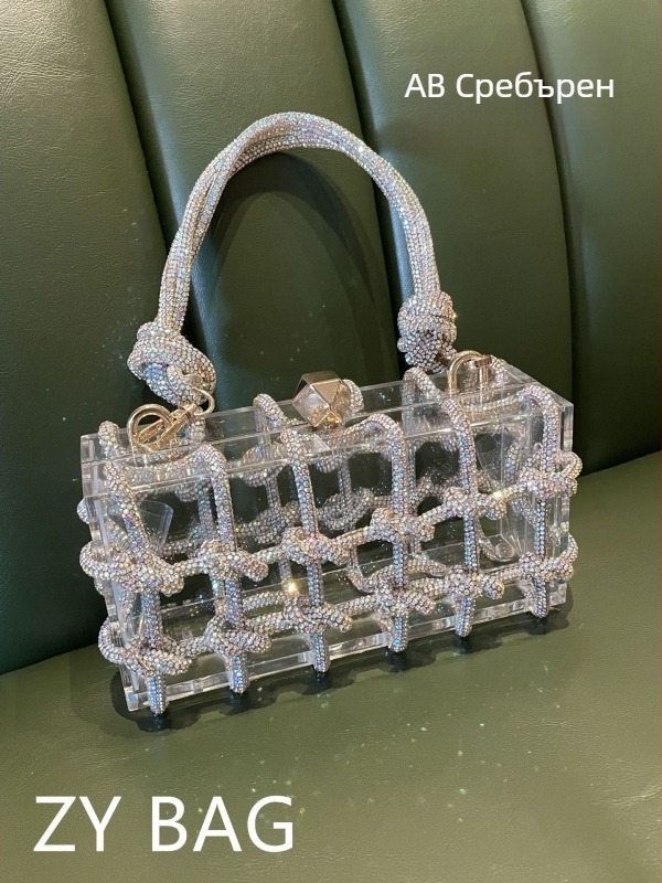 Акрилна кутия вечерна чанта с кристали, прозрачна, със заключване, вътрешни джобове за телефон и лична карта, без подплата, с една презрамка (Материал: акрил; Форма: кутия; Затваряне: заключване; Вътрешни джобове: телефон, лична карта; Подплата: без)}