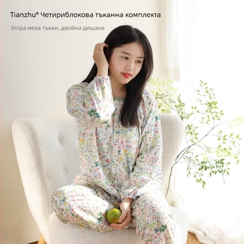 Пижамен комплект за майки от бамбуков памук марля — дълъг ръкав топ и дълги панталони, прост и удобен домашен стил