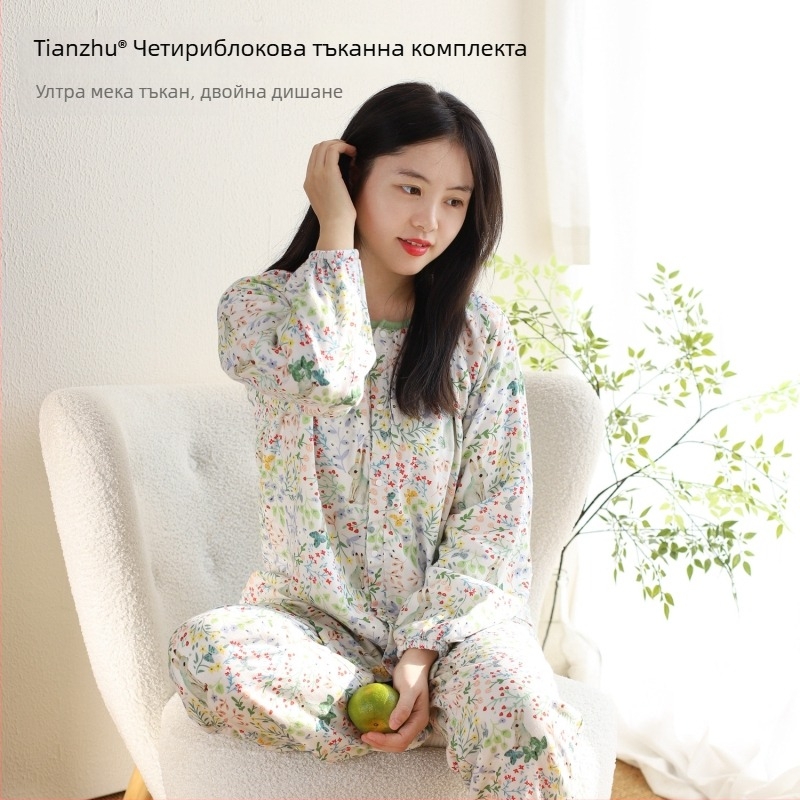 Пижамен комплект за майки от бамбуков памук марля — дълъг ръкав топ и дълги панталони, прост и удобен домашен стил