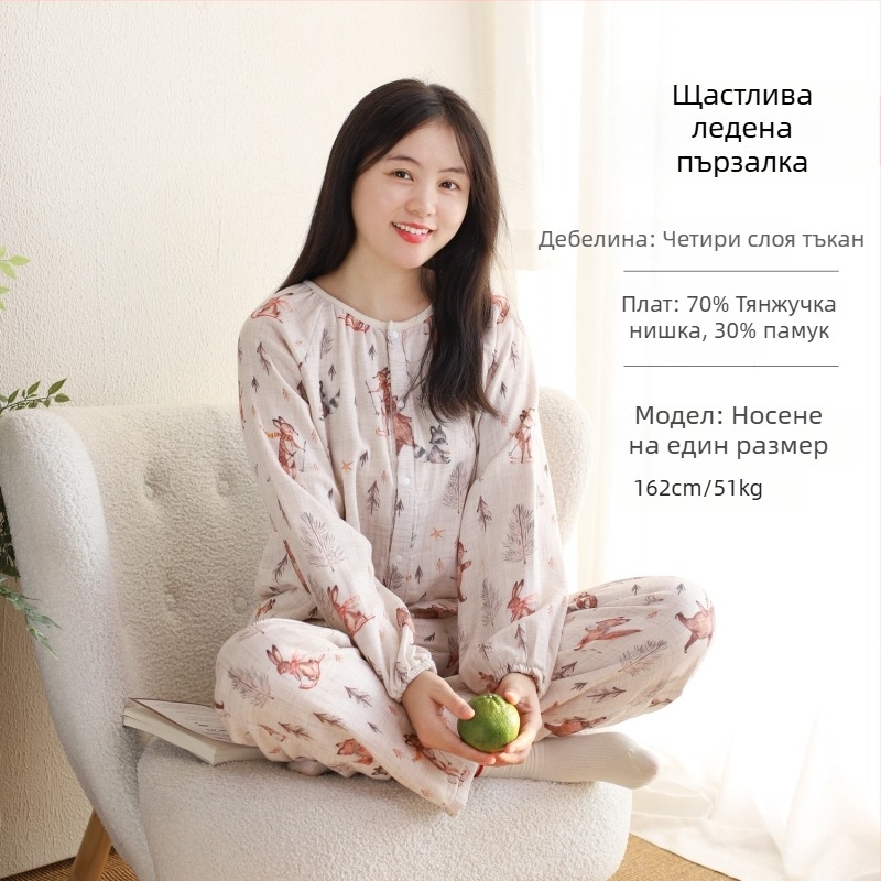 Пижамен комплект за майки от бамбуков памук марля — дълъг ръкав топ и дълги панталони, прост и удобен домашен стил