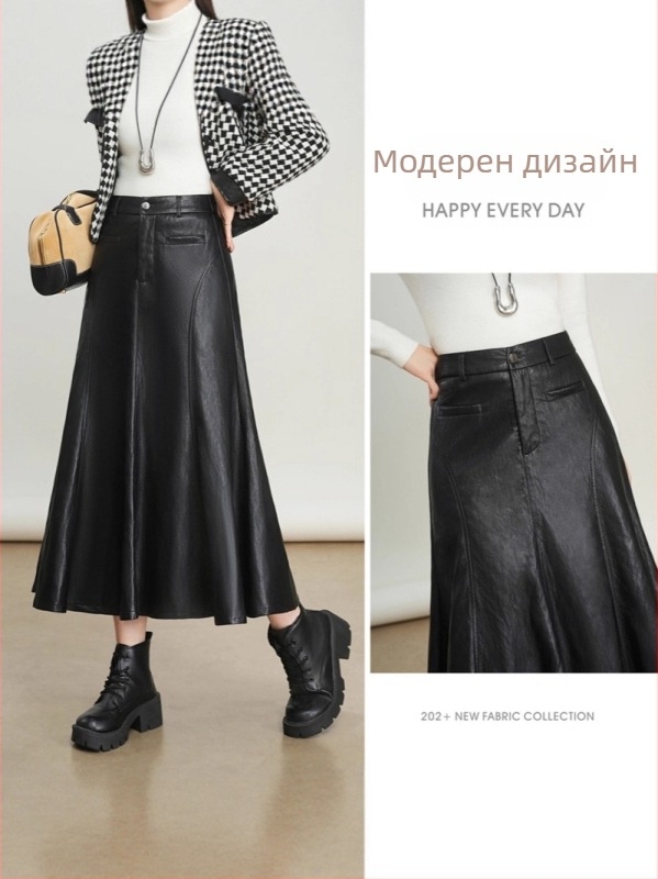 Кожена пола с А-образен силует, дълга, висока талия, едноцветен модел, есен 2025