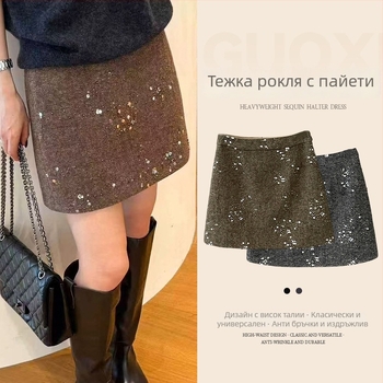 Пола с пайети, A-line, висока талия, устойчив финиш против намачкване, зимно издание 2025