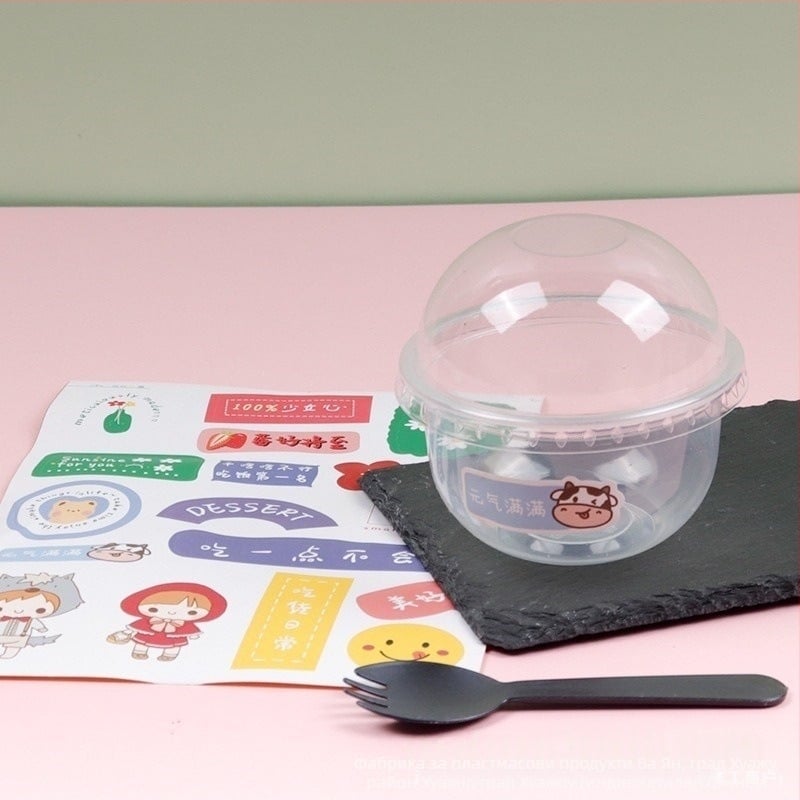 Bobo Cup PET пластмасова чаша с капак, вилица и лъжица, пакет стикери, възможност за печат на лого