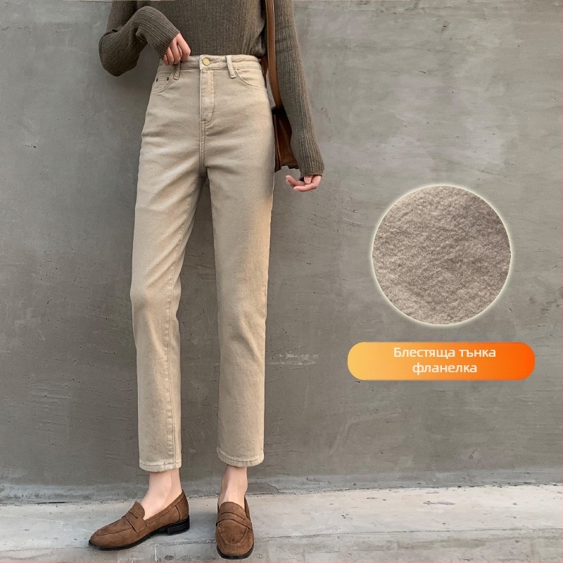 Дънкови панталони тип цигари - висока талия, дължина 3/4, полиестер 30–50%, средна дебелина, триизмерно декориране