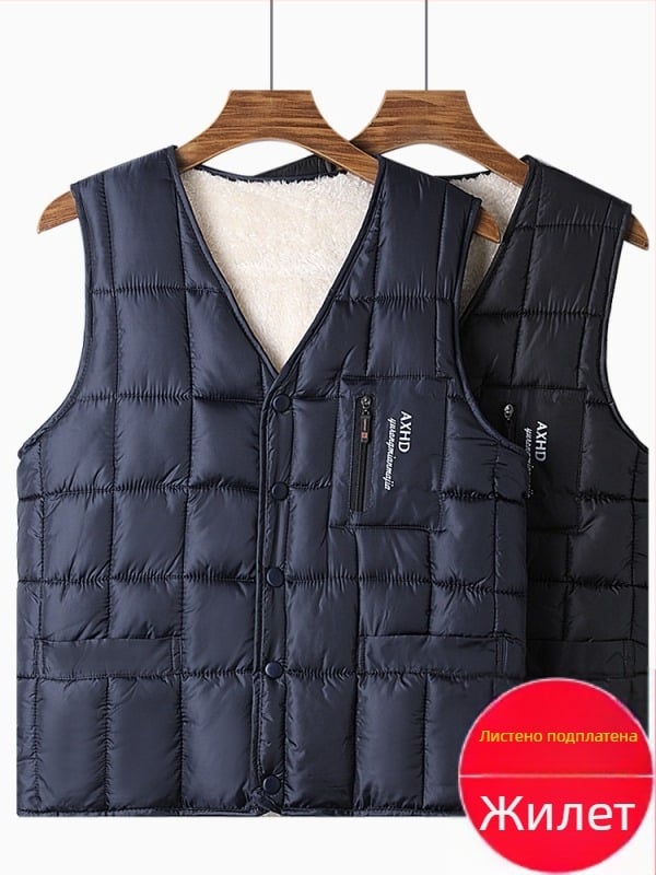 Мъжка жилетка с флисово подплъване, пълнеж от памук, външен полиестер, свободна кройка, за мъже на средна възраст и възрастни