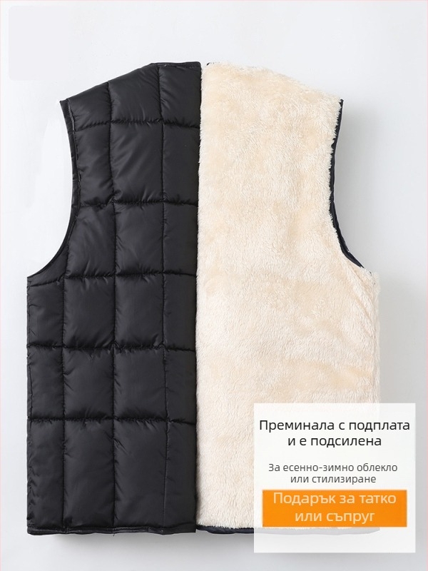 Мъжка жилетка с флисово подплъване, пълнеж от памук, външен полиестер, свободна кройка, за мъже на средна възраст и възрастни