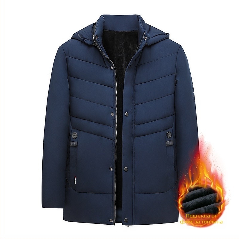 Мъжко палто с памучен пълнеж, корейски стил, талията се стяга, сваляща се качулка, еднобортно закопчаване