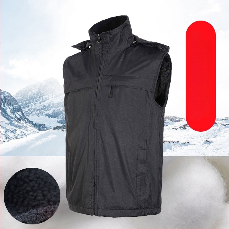 Зимна жилетка за външна работа с лого по поръчка, дебела поларена подплата, цип, сваляща се качулка, свободна кройка
