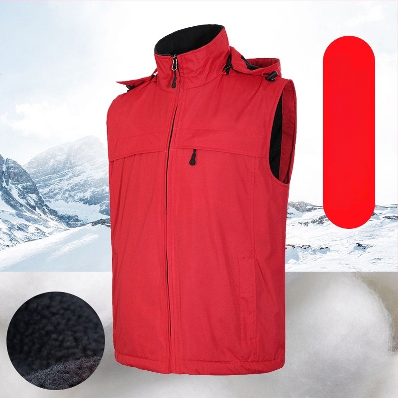 Зимна жилетка за външна работа с лого по поръчка, дебела поларена подплата, цип, сваляща се качулка, свободна кройка