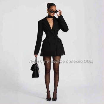 Женско сако с тесен модел, V-образно деколте, еднобутонно, полиестер, дълги ръкави