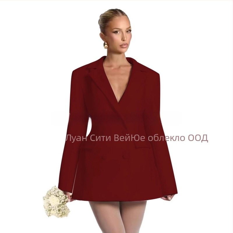 Женско сако с тесен модел, V-образно деколте, еднобутонно, полиестер, дълги ръкави