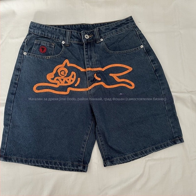 Мъжки дънкови шорти – средна талия, прав кройка, бродерия, памук 90%, стил за скейтборд/хип-хоп