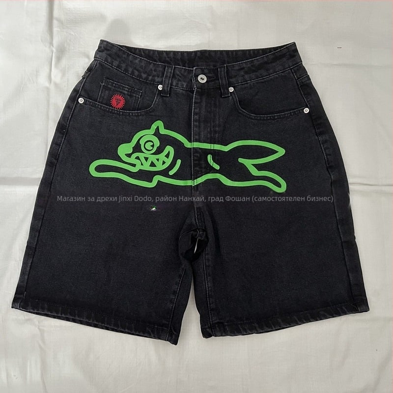 Мъжки дънкови шорти – средна талия, прав кройка, бродерия, памук 90%, стил за скейтборд/хип-хоп