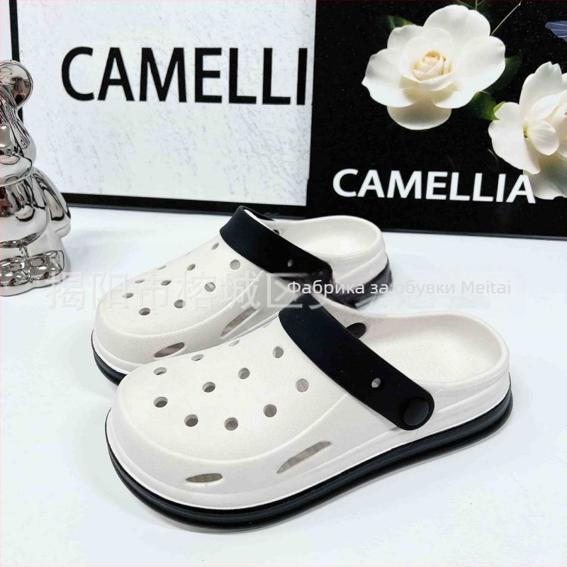 Дамски Crocs стил тапи с карикатурен дизайн, Baotou стил за ежедневие, PVC горна и подметка, височина на подметката 3–5 cm, лято 2025