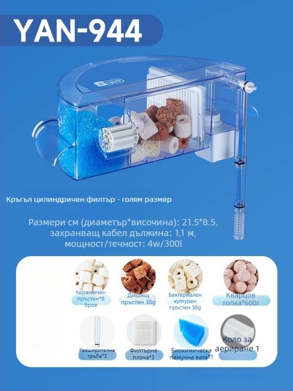 Кръгъл филтър за аквариум с вградена генерация на кислород, стенен водопад, три в едно филтриране • Пластмасов • Тегло: 480 g • Марка: yee