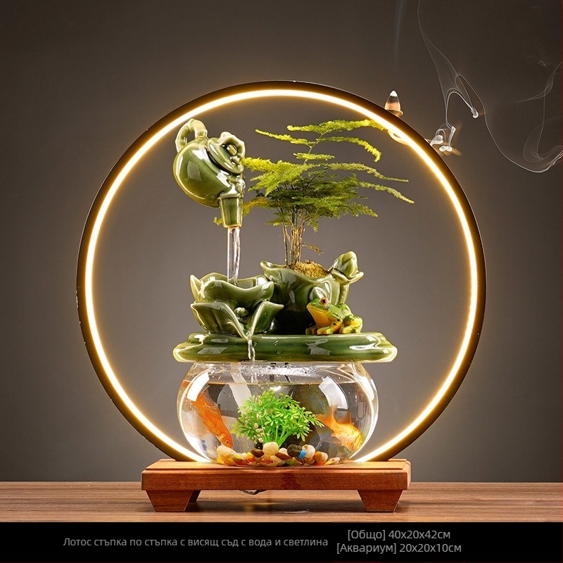 Керамичен фонтан за дневна с мотив лотос и течаща вода, ръчно рисуван и глазуриран, пасторален стил, подходящ за подарък