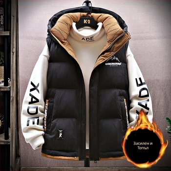 Юношеска качулеста жилетка без ръкави за зима, цип, геометричен принт, свободна кройка, пухено памучно подплатено