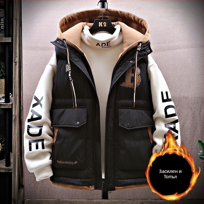 Юношеска качулеста жилетка без ръкави за зима, цип, геометричен принт, свободна кройка, пухено памучно подплатено