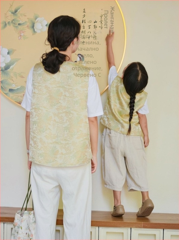 Детска жилетка в нов китайски стил с имитационен брокат Сонг и копчета, за деца на възраст 3–8 г.