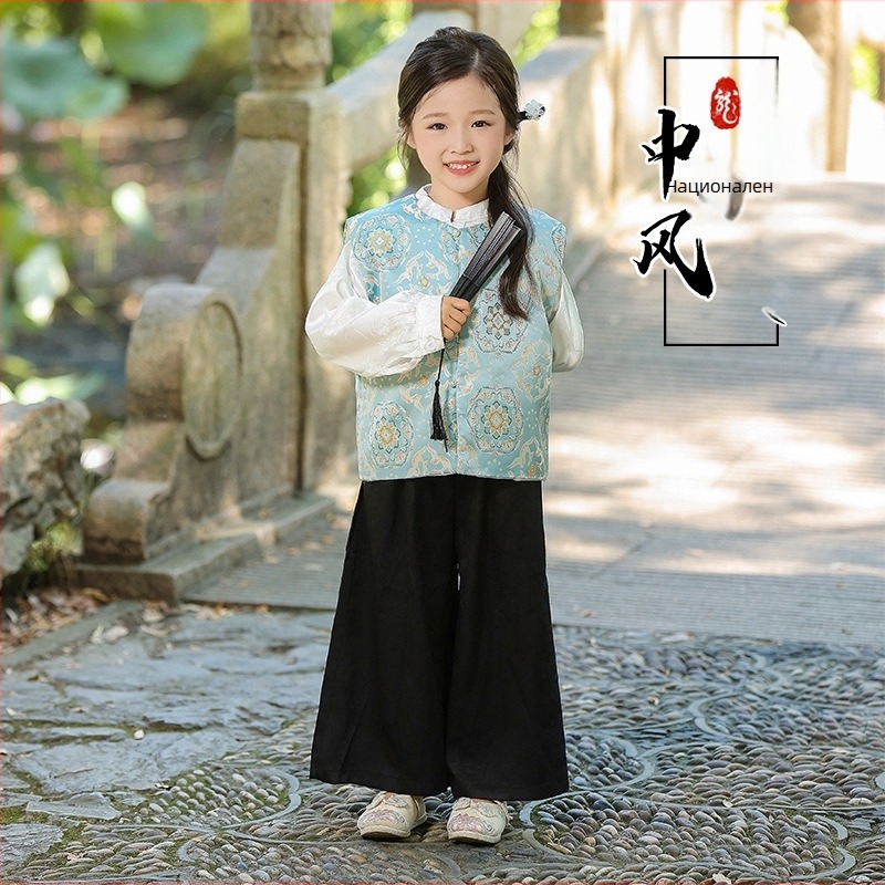 Детска жилетка в нов китайски стил с имитационен брокат Сонг и копчета, за деца на възраст 3–8 г.