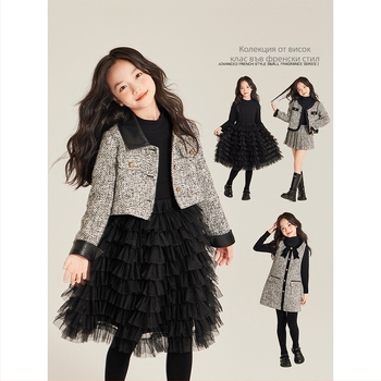 AMYBABY Детска пола за момичета – памучна пола тип „торта“, Chanel-стил, Зима 2024, за деца на възраст 3–8 г.