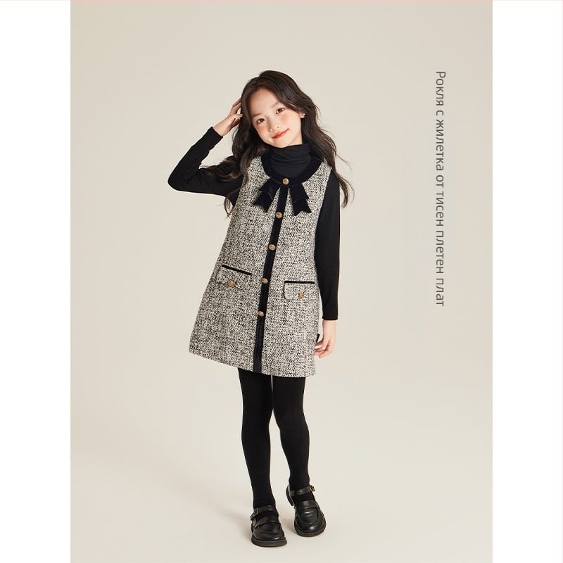 AMYBABY Детска пола за момичета – памучна пола тип „торта“, Chanel-стил, Зима 2024, за деца на възраст 3–8 г.