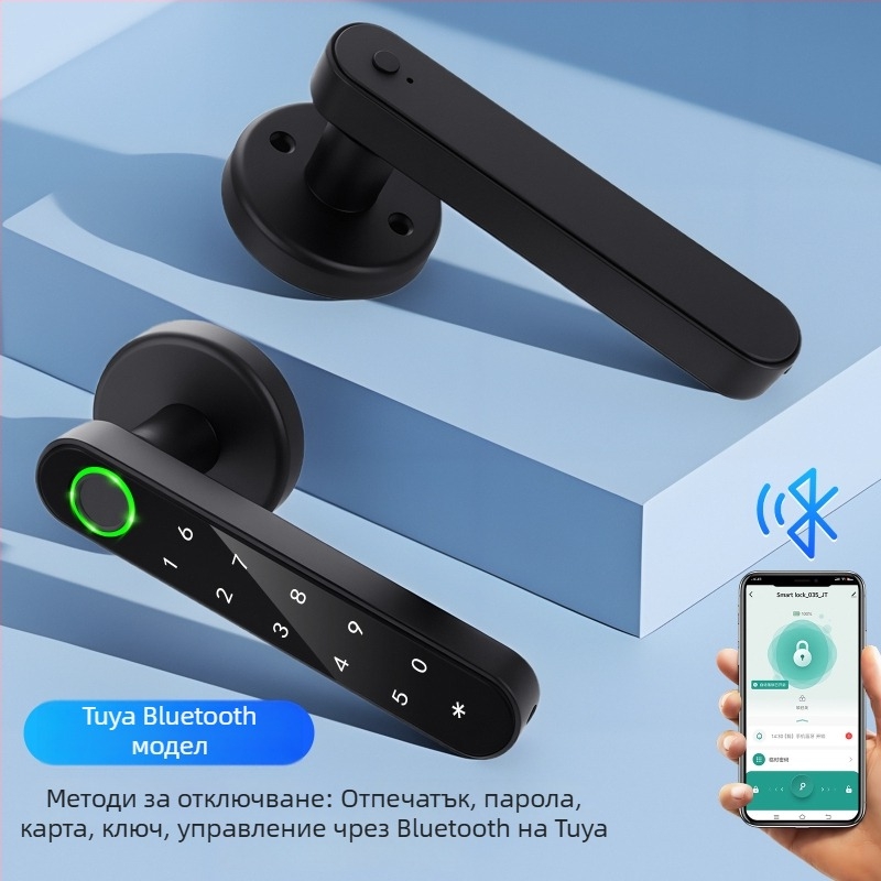 Умна заключалка за дървени врати с биометричен отпечатък и електронна парола, Bluetooth дистанционно отключване; съхранение на 200 отпечатъка; DC захранване; 1:1 верификация; монтаж без пробиване; подходяща за спалня, дървени и алуминиеви врати