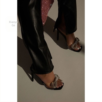 Женски сандали на висок ток с rhinestone панделка — PVC горна част, квадратен пръст, гумена подметка, летен модел 2022