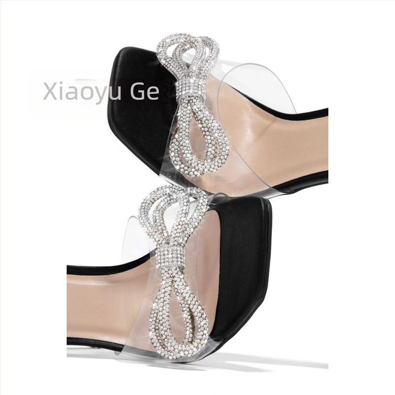 Женски сандали на висок ток с rhinestone панделка — PVC горна част, квадратен пръст, гумена подметка, летен модел 2022