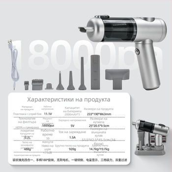 Портативна безжична ръчна прахосмукачка с безчетков мотор, 11.1V, 120W, 20000 Па, 40 мин, 78 dB, за дома и кола, презареждаща се