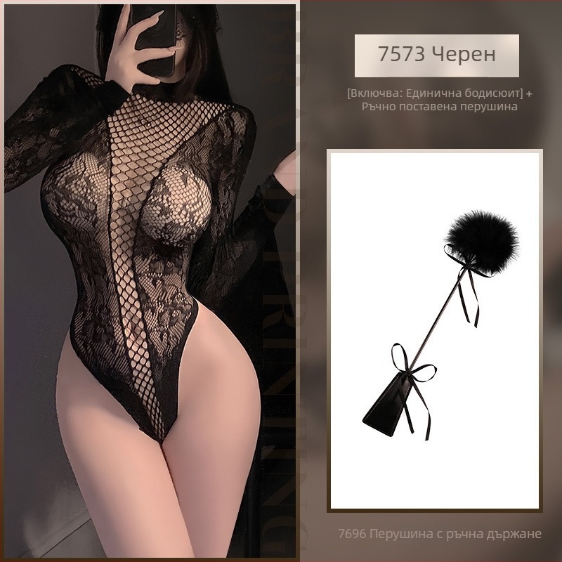 Feimu мрежест жакардов боди с дълъг ръкав и чорапи – разкроен детайл