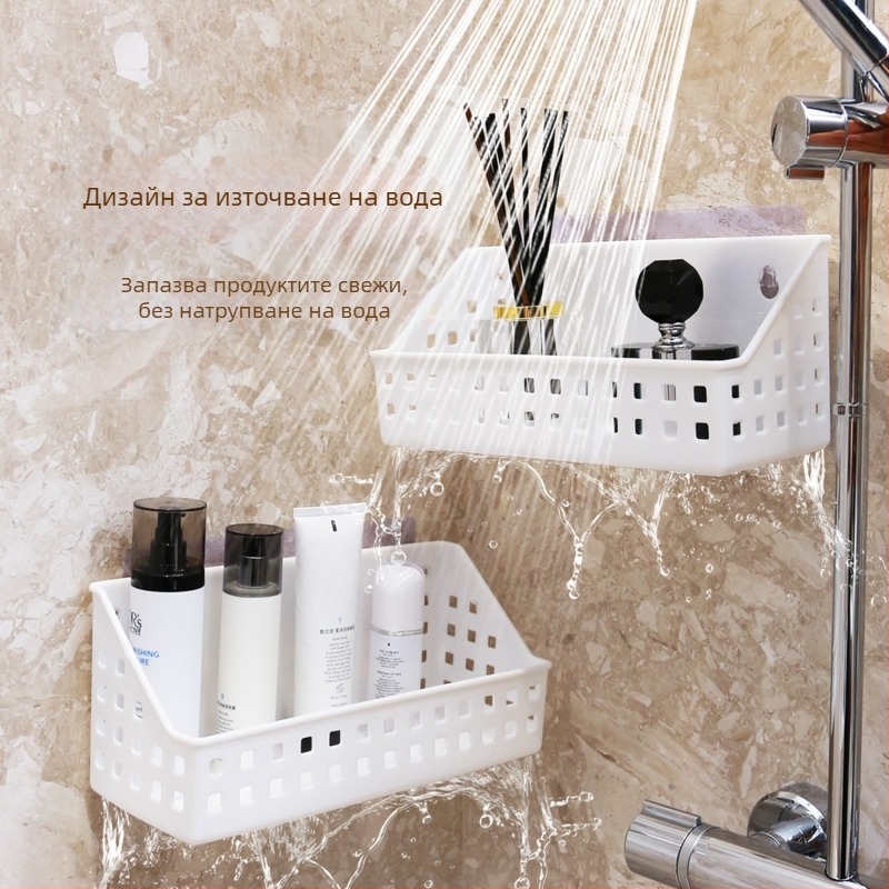 Стенно монтиран рафт за баня с вакуумна чашка, без пробиване, 1 ниво, пластмаса, капацитет 10 кг