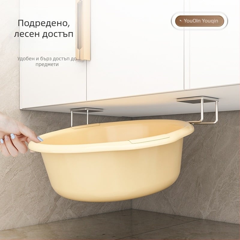 Неръждаем метален окачен рафт за баня под мивката с куки, повърхност с четков финиш, 1 ниво, натоварване до 1 кг