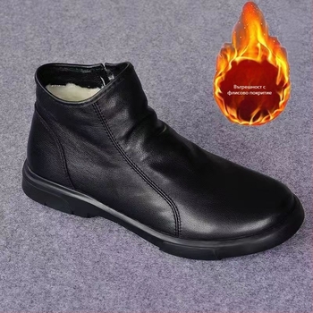 Мъжки ботуши от първи слой телешка кожа, дишащи, гумирана подметка, страничен цип, зимни
