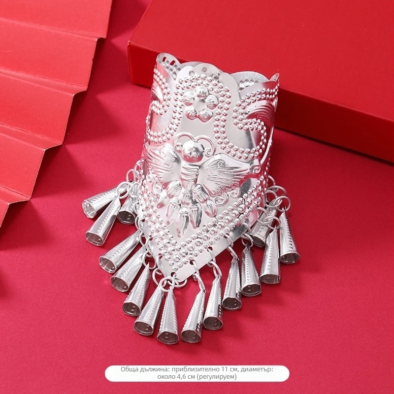 Щипка за коса с пискюли в етно стил, сплавна основа, капковидна форма, електроплатирана, за сватби