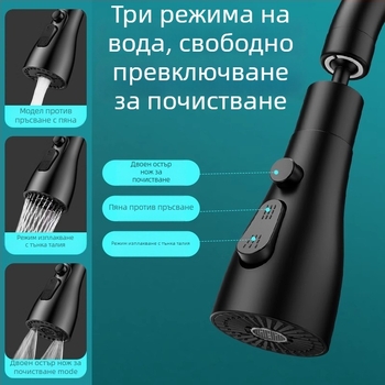 Кухненски разширител за кран с универсален въртящ се излив и удължен аератор, антипръскова глава; завинтващ интерфейс; модел 0410; ABS; електроплакиране; Morro