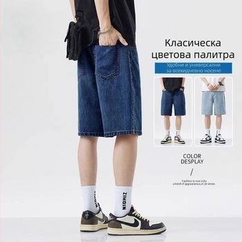 Мъжки дънкови къси панталони със прав крак, средна талия, дължина пет квартала, микроеластичност