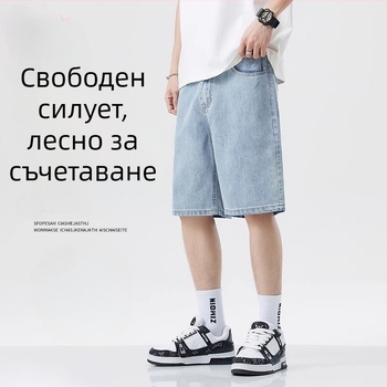 Мъжки дънкови къси панталони със прав крак, средна талия, дължина пет квартала, микроеластичност