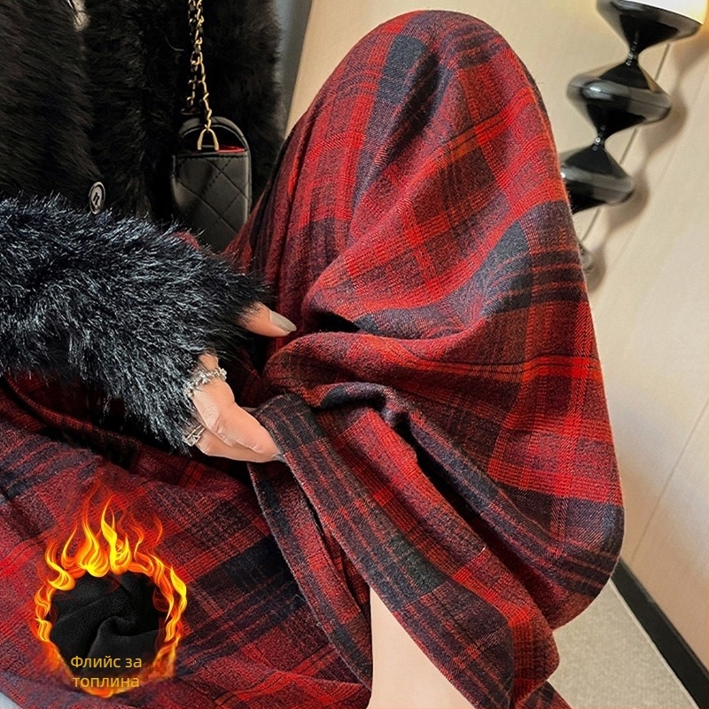 Бременни панталони с каре, широки крачоли, подплатени с флис за есен-зима, поддържаща корема, вълнена смес (полиестер 50–70%, памук <30%), микроеластичност, дълги до пода