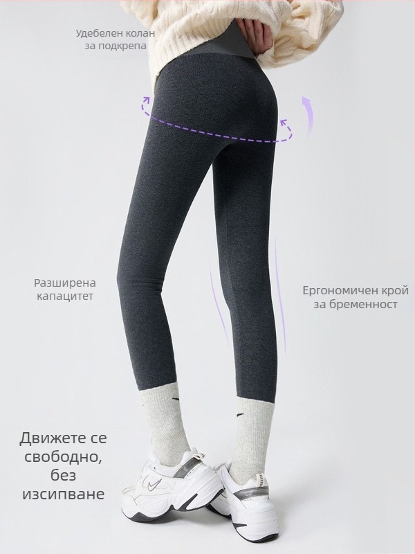 Леггинси за бременни с подплата от флис, зимна топлина, тесен силует, средна талия, плат вискоза‑полиестер