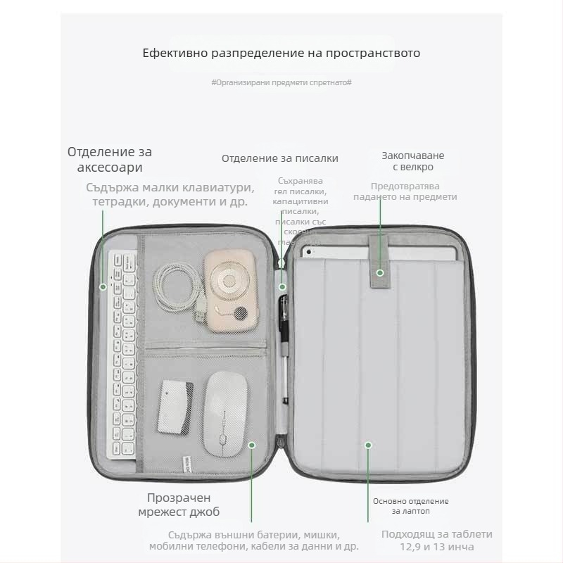 Чанта за таблет с дръжка за iPad, защитен калъф и вътрешна подплата, подходяща за 11–13-инчови таблети (iPad/Huawei)
