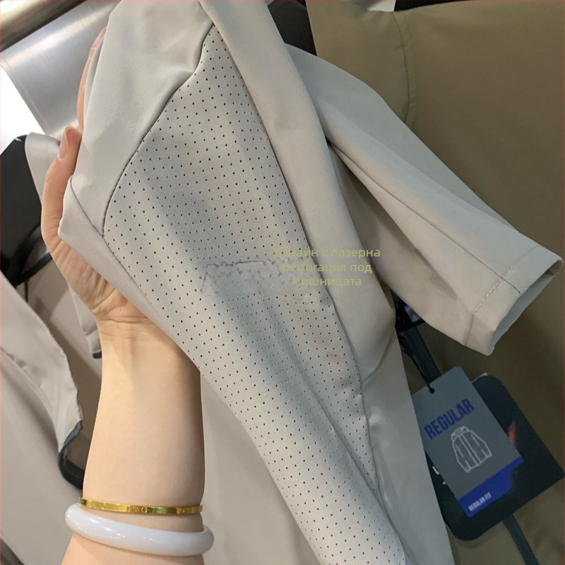 Яке със стояща яка, дишаща, слънцезащитна, спортен стил (Слънцезащита 50+, стояща яка, цип, 3D джобове, полиестерна смес)