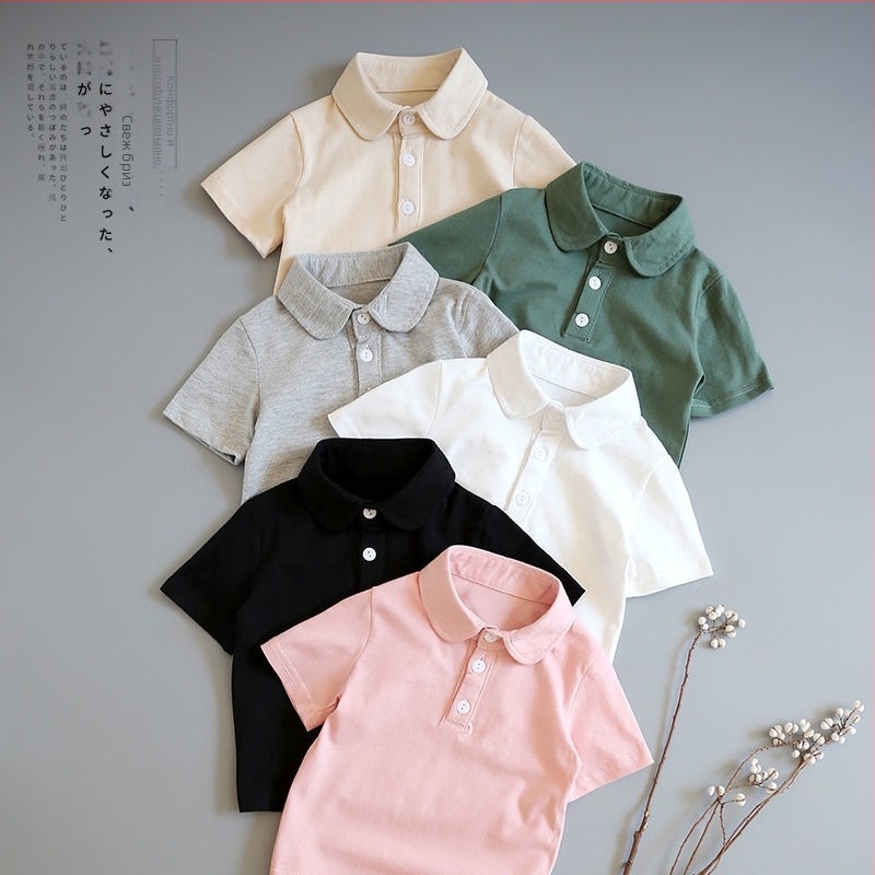 Поло риза за деца, 100% памук, къс ръкав, корейски стил, едноцветна, бродирана