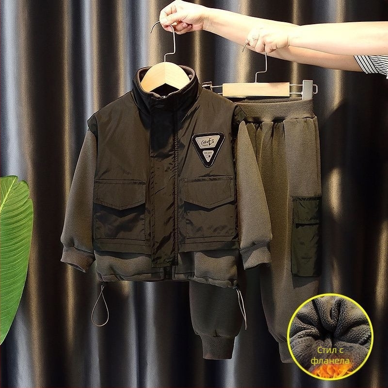 Детски двучастков костюм за момчета от Corduroy плат с заешки косъм, дълъг ръкав топ и къси панталони, есенен стил, пролет 2025 старт, за деца 0–1 година