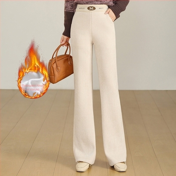 Зимни панталони с подплата от флис, полиестер, еластична талия, дебели, широки крачоли