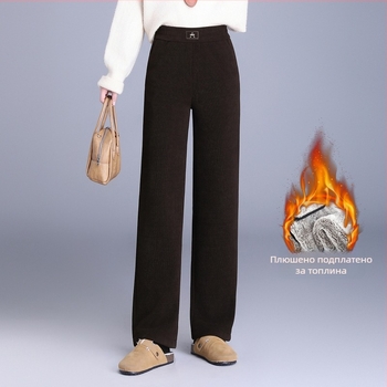 Дамски широки панталони Corduroy с подплата от флис, висока талия, дебели за зима 2025, стил елегантен градски